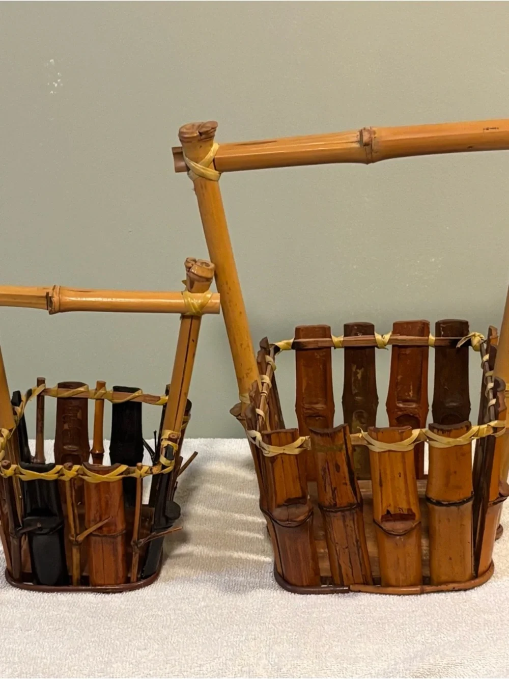 Set of Two Vintage Bamboo Baskets with Handles - Can Be Used As Plant Holder